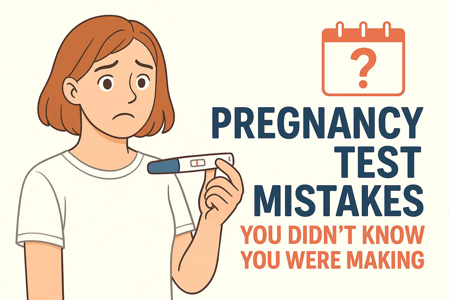 Cartoon-style illustration of a young woman with brown hair holding a pregnancy test and looking confused, with bold text reading “Pregnancy Test Mistakes You Didn’t Know You Were Making” and a red calendar icon with a question mark
