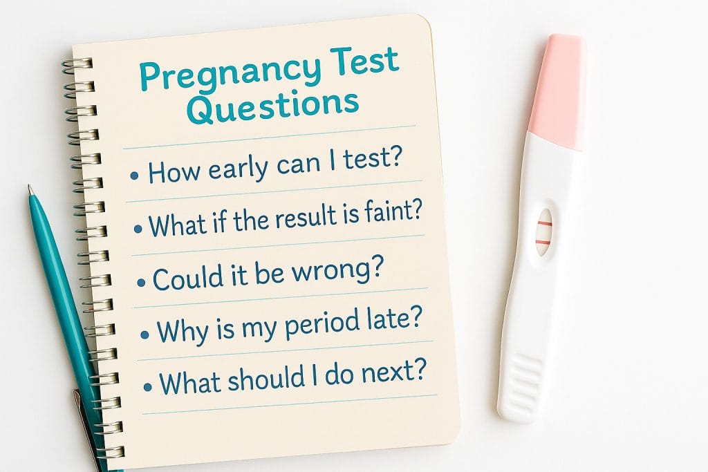 Notebook with pregnancy test questions written inside, next to a positive pregnancy test and teal pen on a white background