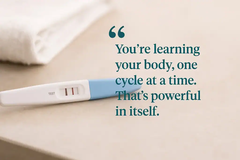 A positive ovulation test with two dark lines resting on a bathroom counter next to a folded towel. Beside it, a quote reads,
