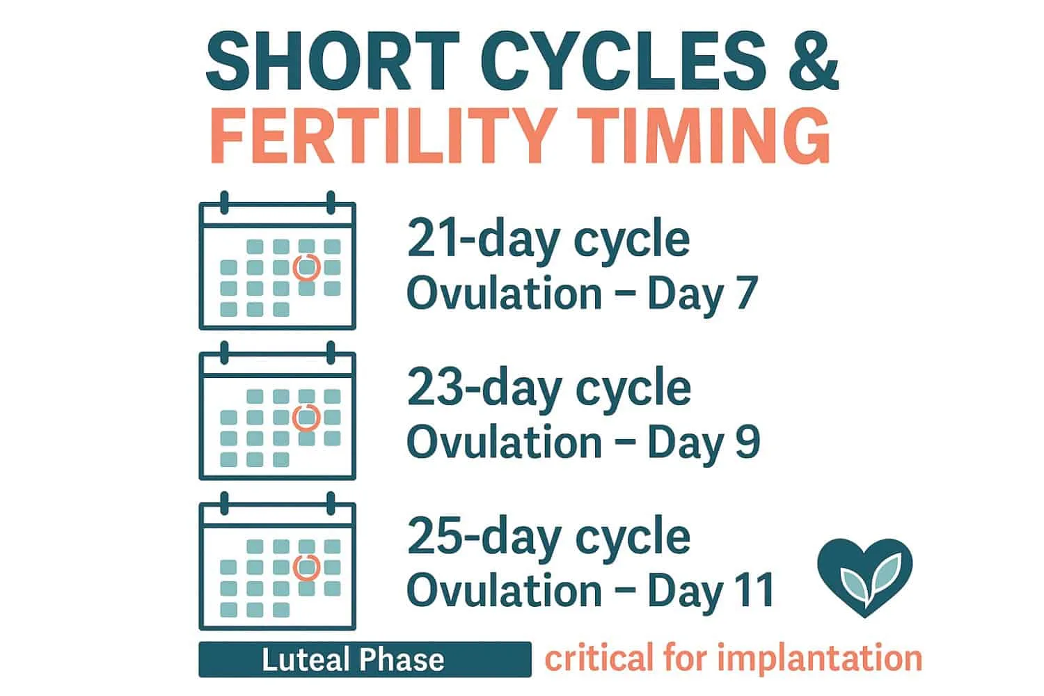 Infographic showing ovulation days for short cycles: 21, 23, and 25 days. Highlights luteal phase importance.