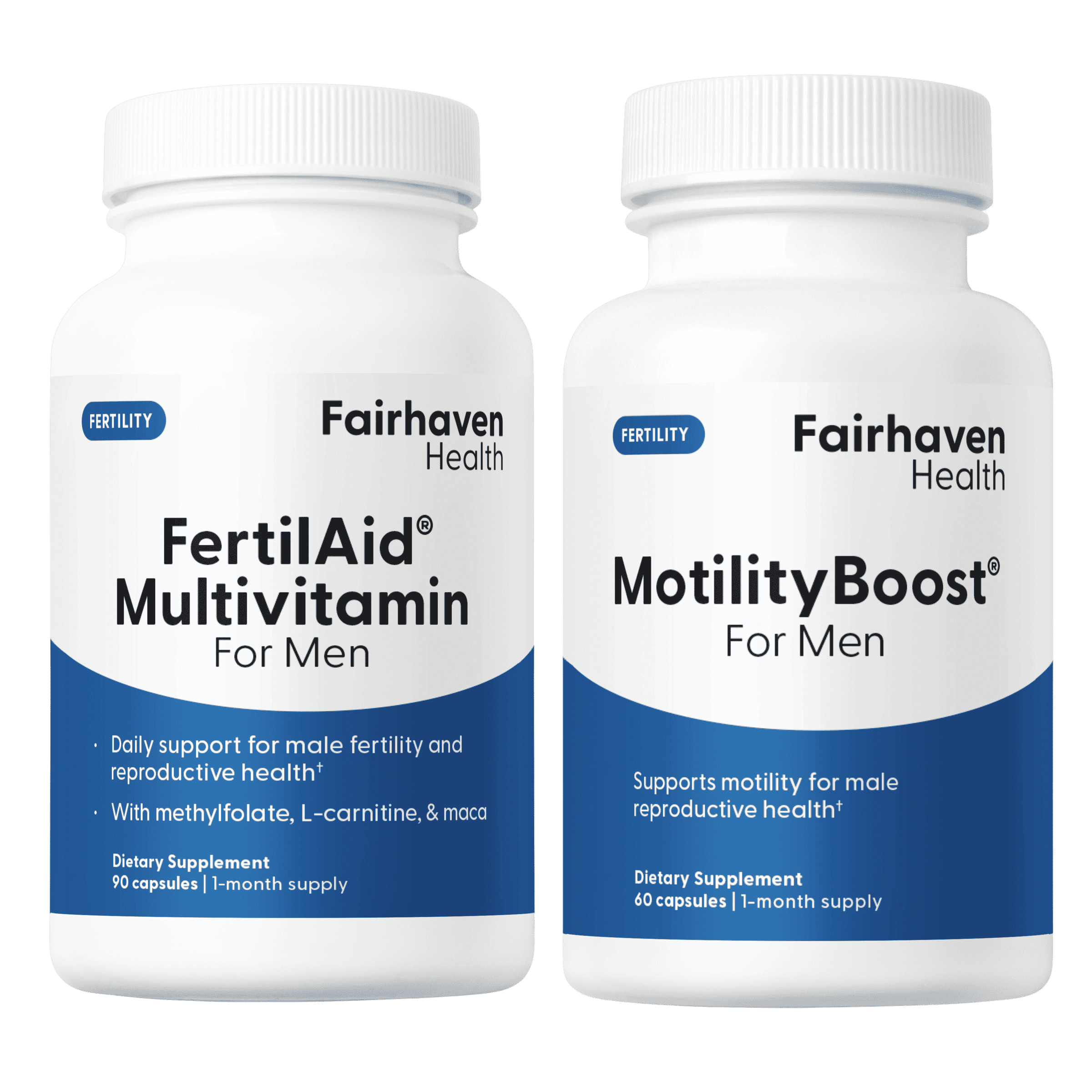 Cutout image of FertilAid for Men and MotilityBoost bottles on transparent background for flexible use in custom layouts or marketing graphics.