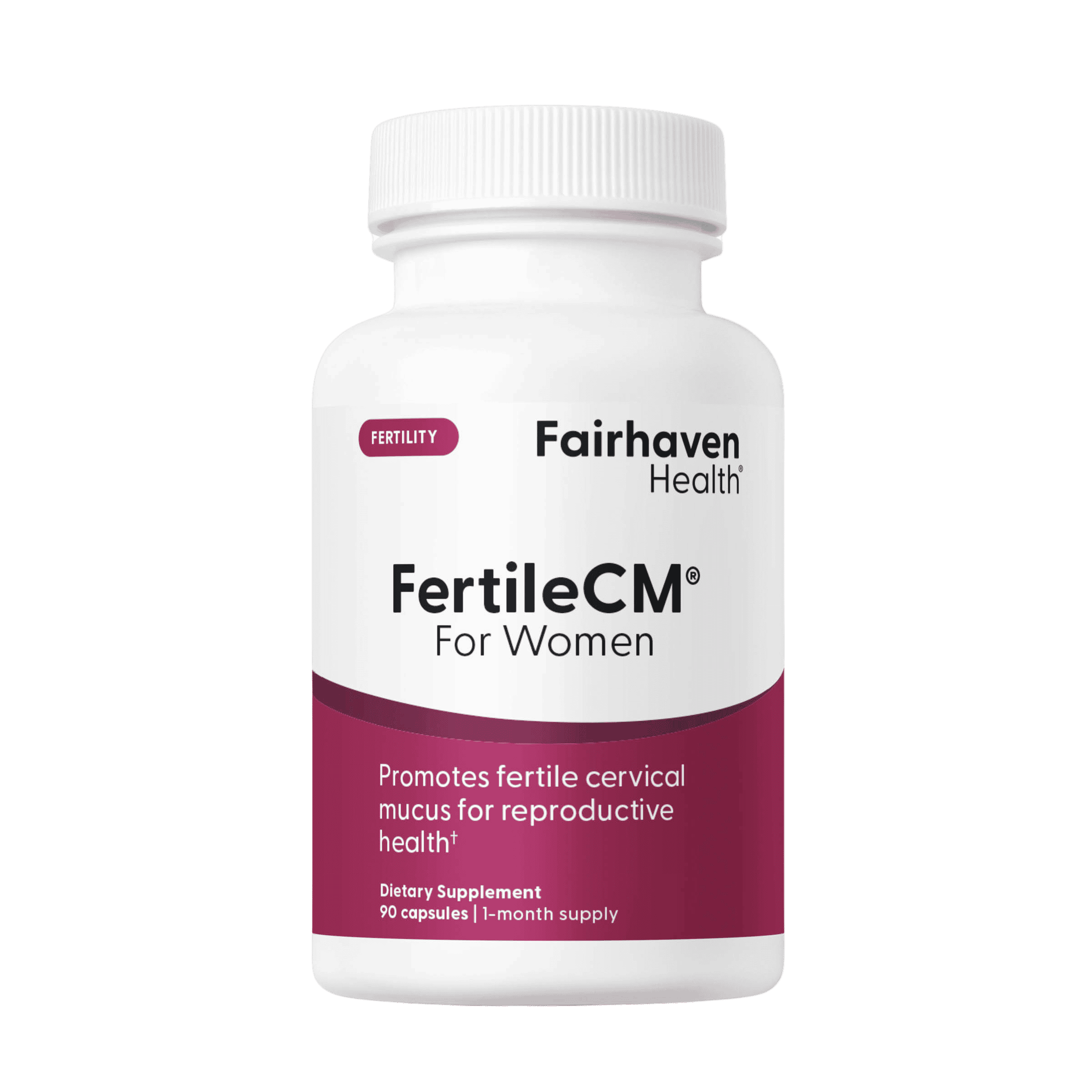 FertileCM bottle with transparent background, showing updated front label highlighting support for reproductive health.