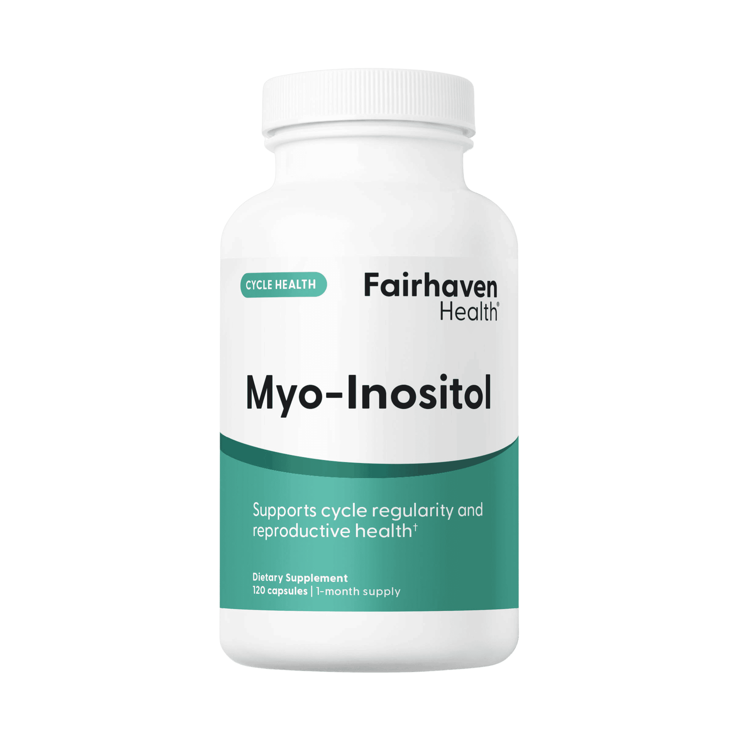 Transparent - Front view of Fairhaven Health Myo-Inositol supplement bottle showing product label and branding.