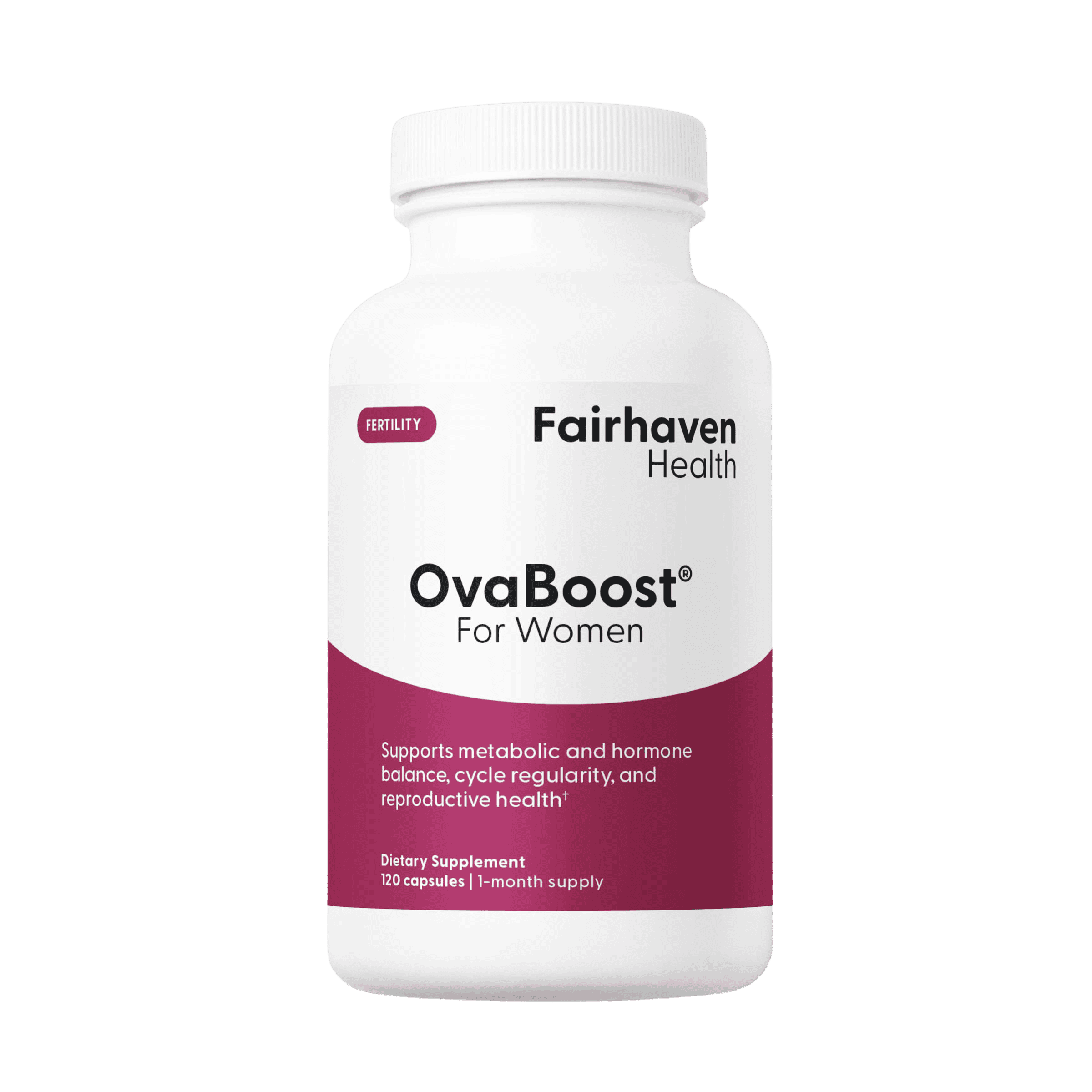 Transparent - Front view of OvaBoost for Women bottle by Fairhaven Health with text indicating support for metabolic and hormone balance, cycle regularity, and reproductive health