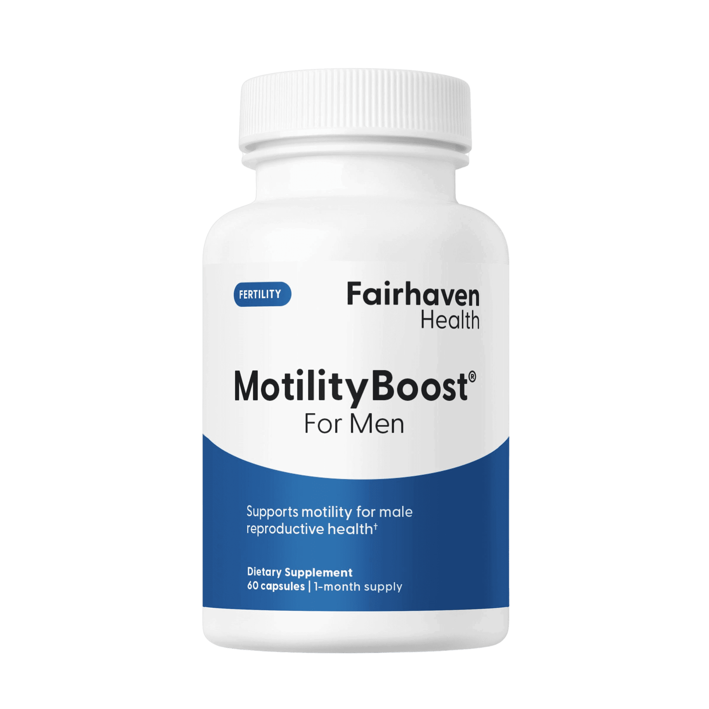 Transparent background image of the updated MotilityBoost for Men bottle by Fairhaven Health, front-facing with clear label