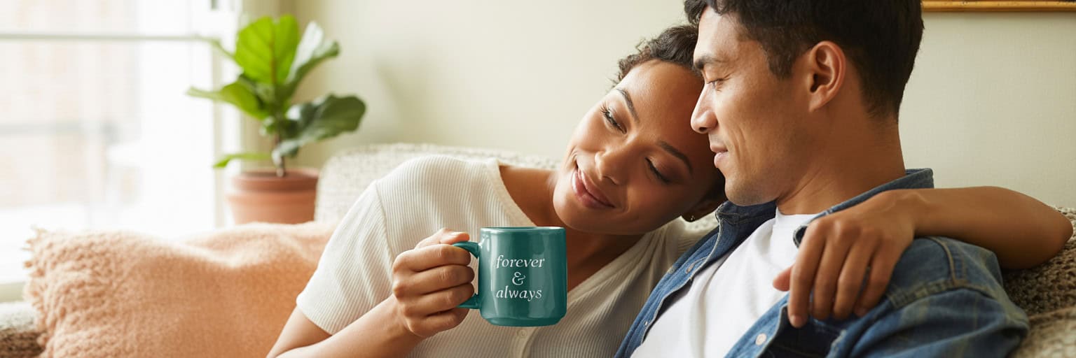 Happy couple sitting on couch together.