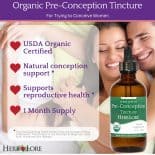 Herb Lore Organic Pre-Conception Tincture promotional image with text highlighting USDA certification and reproductive support