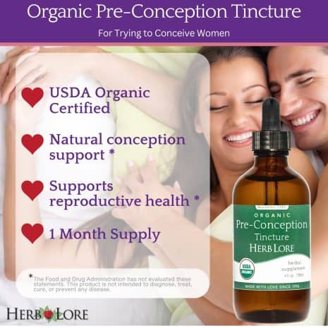 usda-organic-certified Herb Lore Organic Pre-Conception Tincture promotional image with text highlighting USDA certification and reproductive support