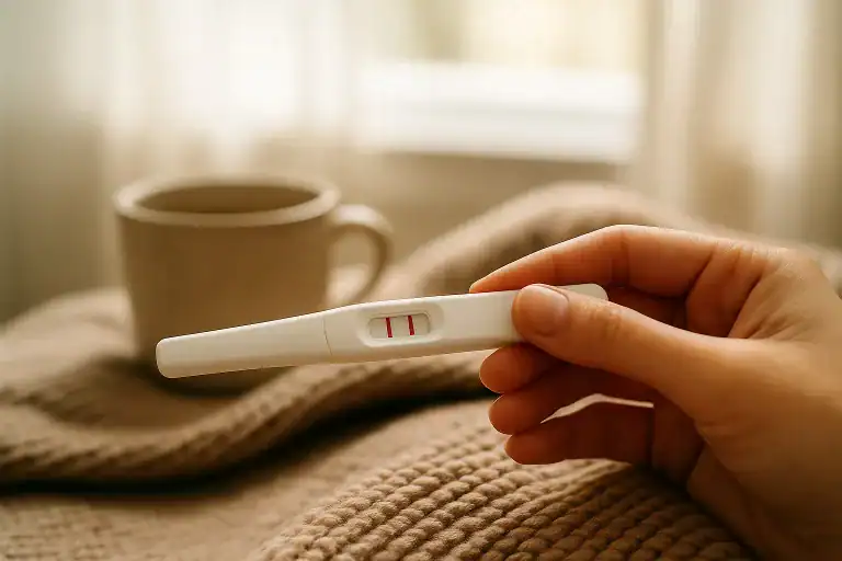 Hand holding a positive pregnancy test with two pink lines, resting on a cozy blanket near a warm mug in soft morning light