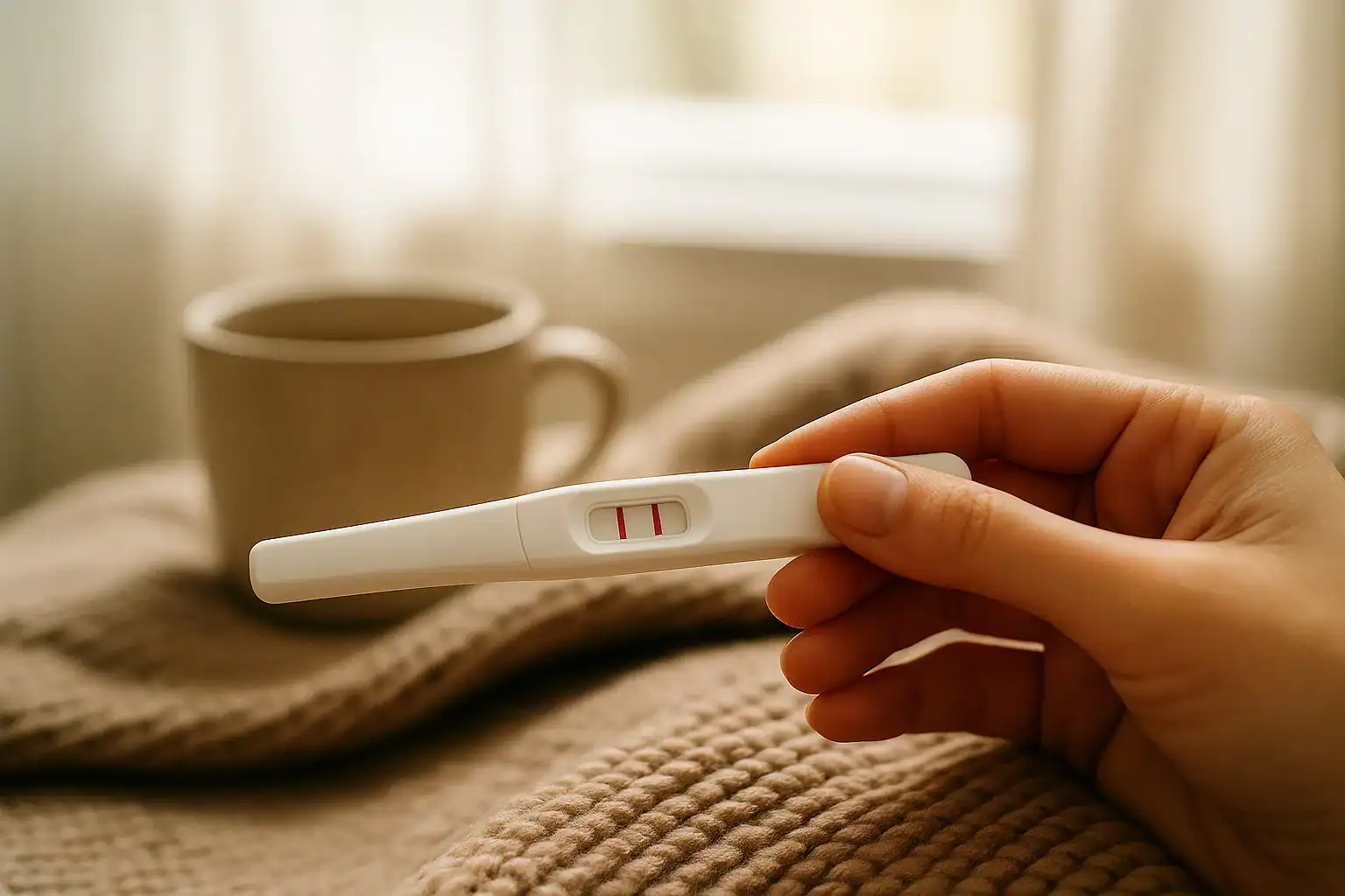 Hand holding a positive pregnancy test with two pink lines, resting on a cozy blanket near a warm mug in soft morning light