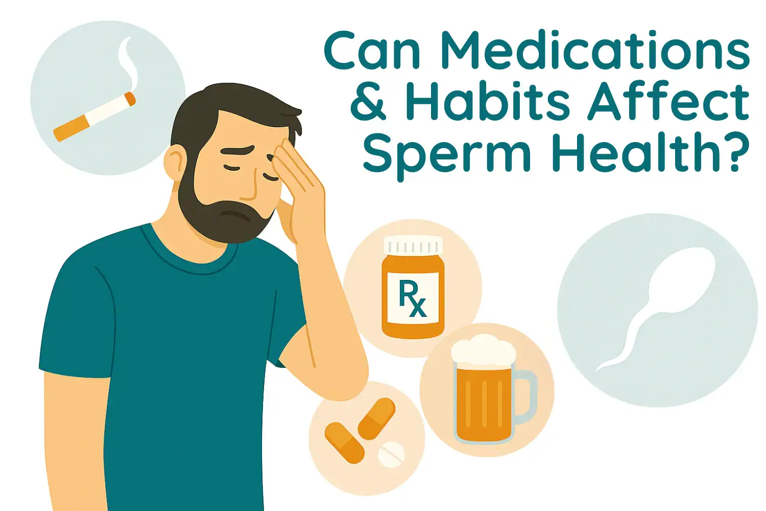 Illustration of a worried man with symbols of medication, alcohol, smoking, and sperm health.