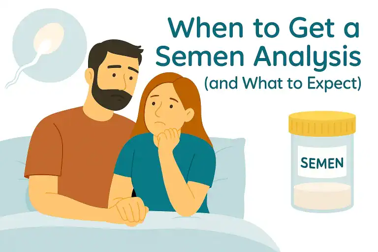 A worried couple sits together in bed, supporting each other while thinking about semen analysis.