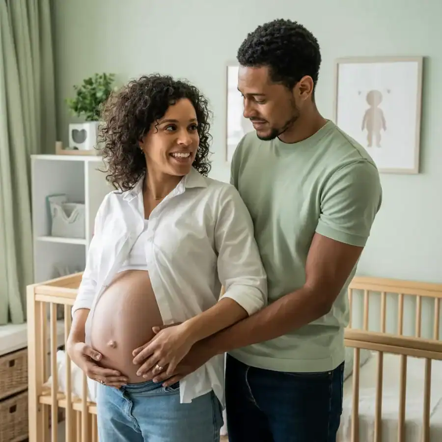 Happy pregnant woman and husband in baby's nursery.